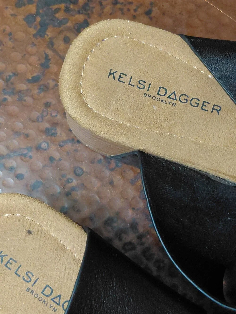 Kelsi Dagger Black Leather Platform Sandals with Wood-Look Sole